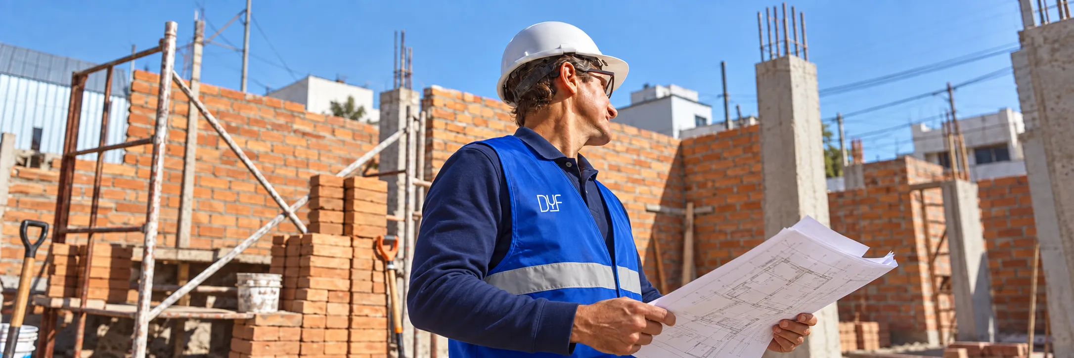 Profesional con casco y chaleco azul con el logo DyF, revisando planos en una obra.