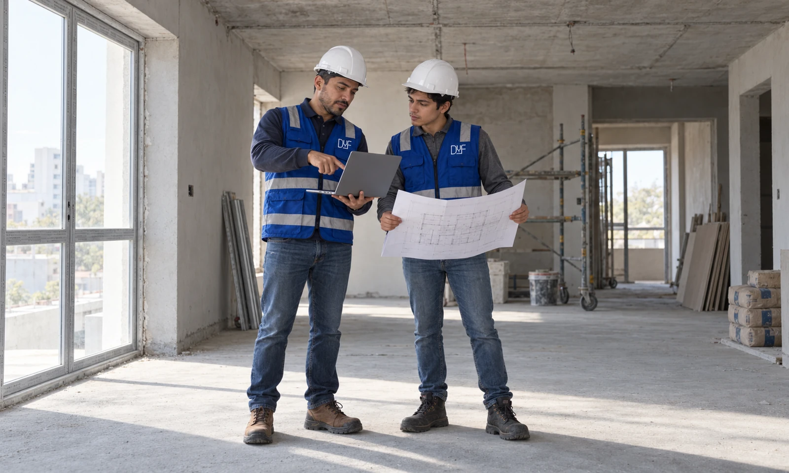Dos profesionales DyF revisando planos y una computadora en un espacio en remodelación.