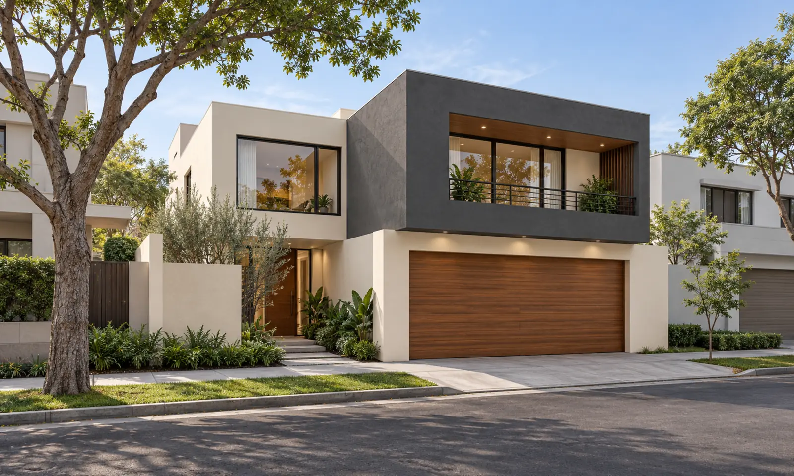 Render de una vivienda contemporánea de dos niveles con fachada de concreto, madera y vegetación.