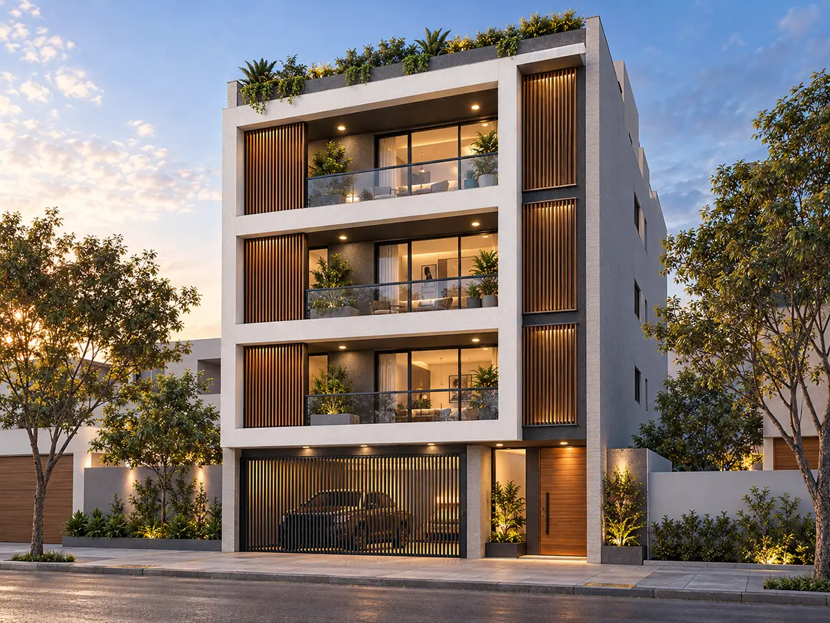 Render arquitectónico de un edificio residencial con balcones y fachada iluminada.