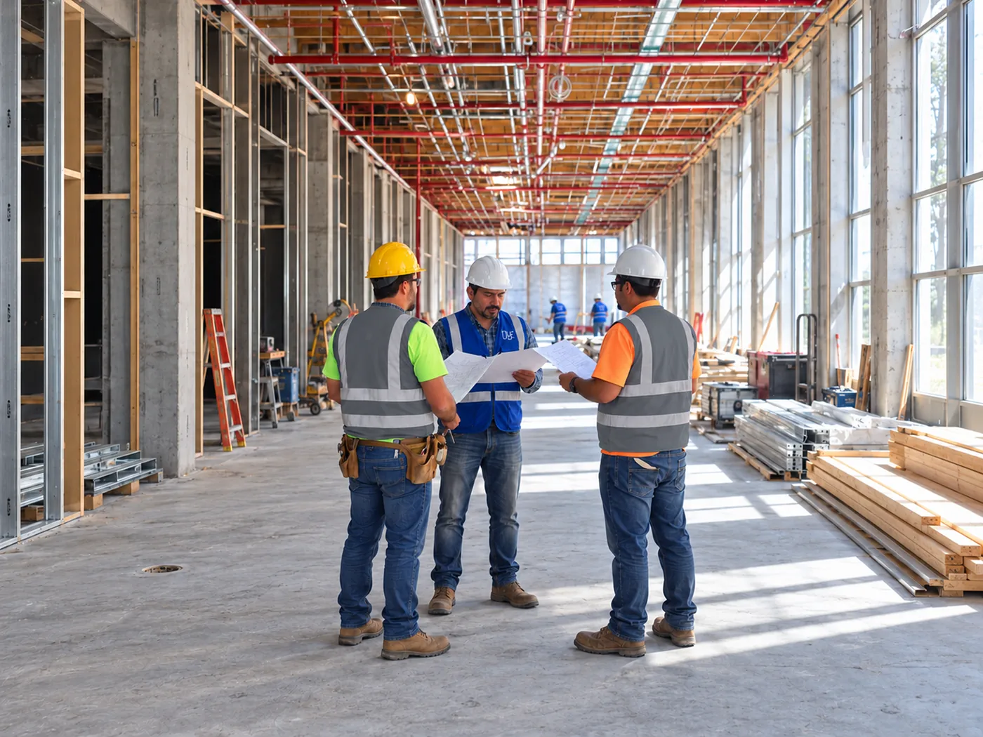 Equipo DyF revisando planos e instalaciones en una obra en construcción.