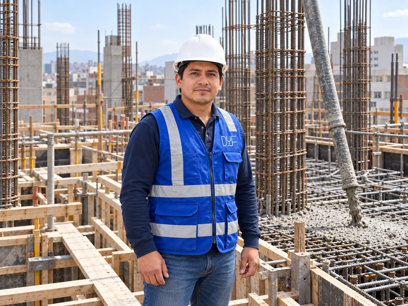 Profesional con casco blanco y chaleco azul DyF en una obra con estructuras de acero.