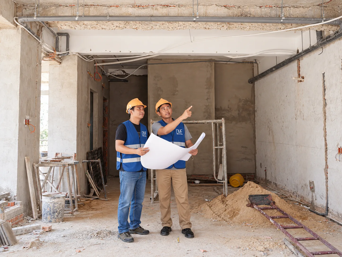 Dos profesionales DyF revisando una remodelación con planos y cascos amarillos.