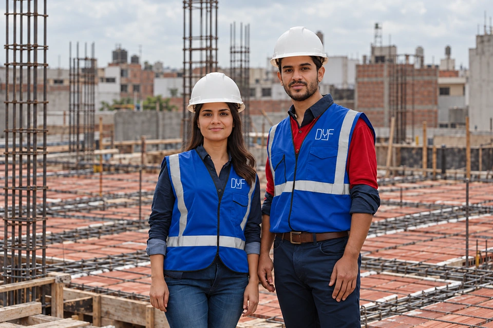 Dos profesionales con cascos blancos y chalecos azules con el logo DyF en una obra.
